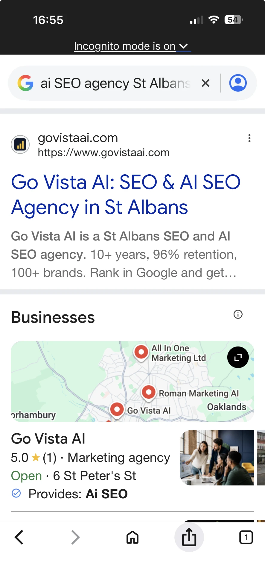 Go Vista AI ranking first for 'ai SEO agency St Albans' with a 5-star Google Business Profile and map listing