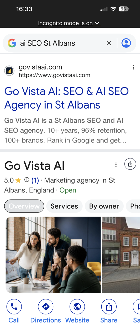Go Vista AI ranking top of Google for 'ai SEO St Albans' with a 5-star Google Business Profile