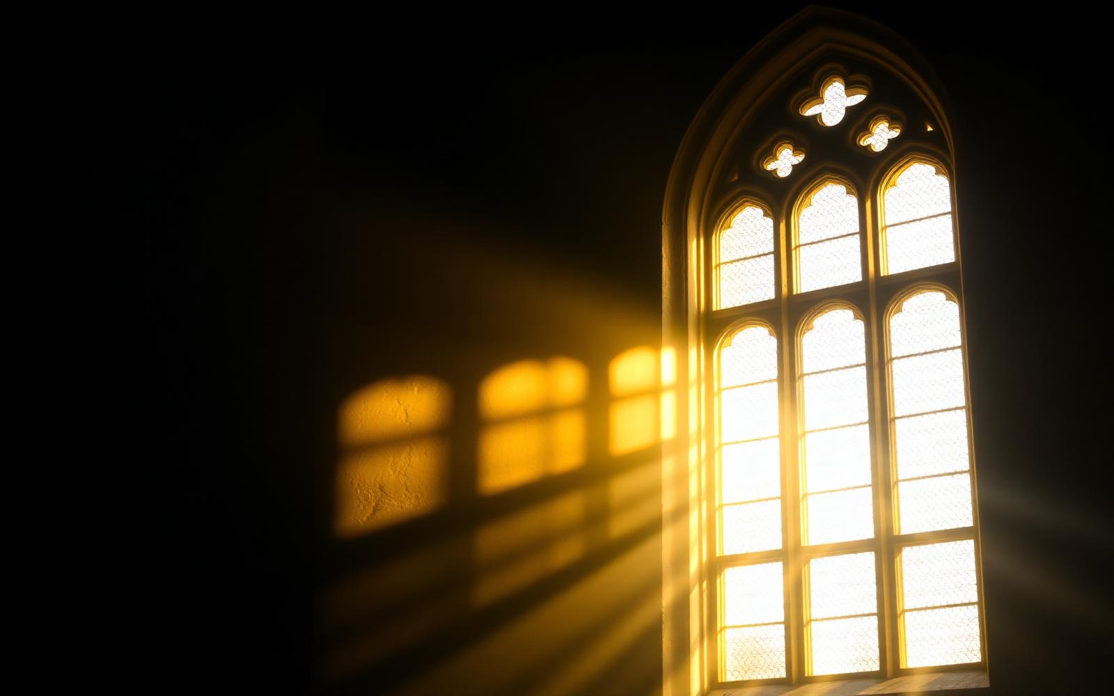 Warm sunlight streaming through a Gothic cathedral window onto stone