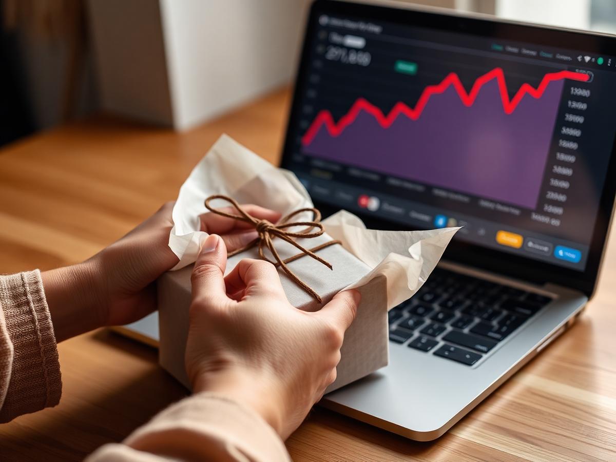Hands wrapping a premium product beside a rising revenue chart