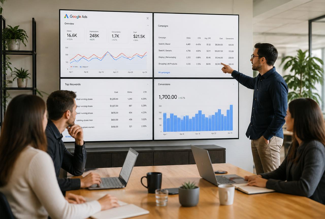 Go Vista AI team reviewing Google Ads campaign performance on a large dashboard