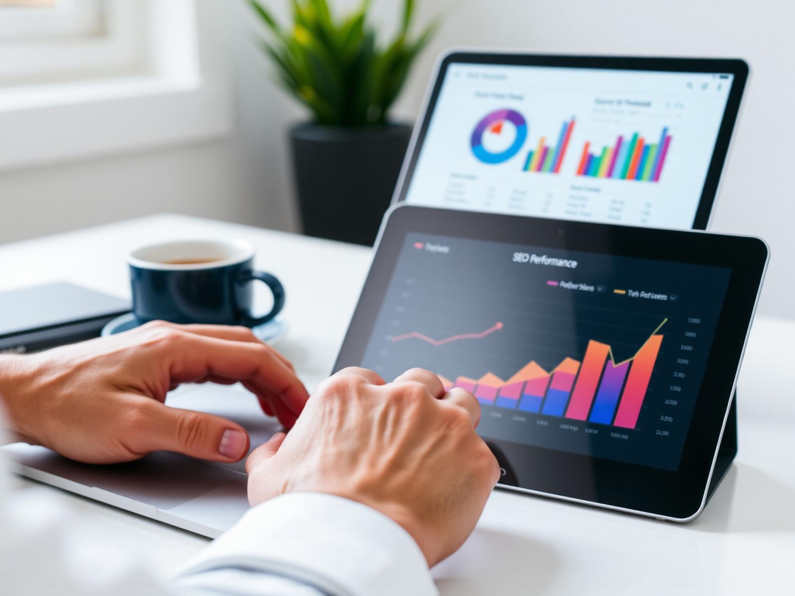 Close-up of hands typing on a laptop showing an analytics dashboard